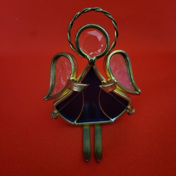 Vintage Stained Glass Skier Blue Gold Tone - Picture 1 of 12